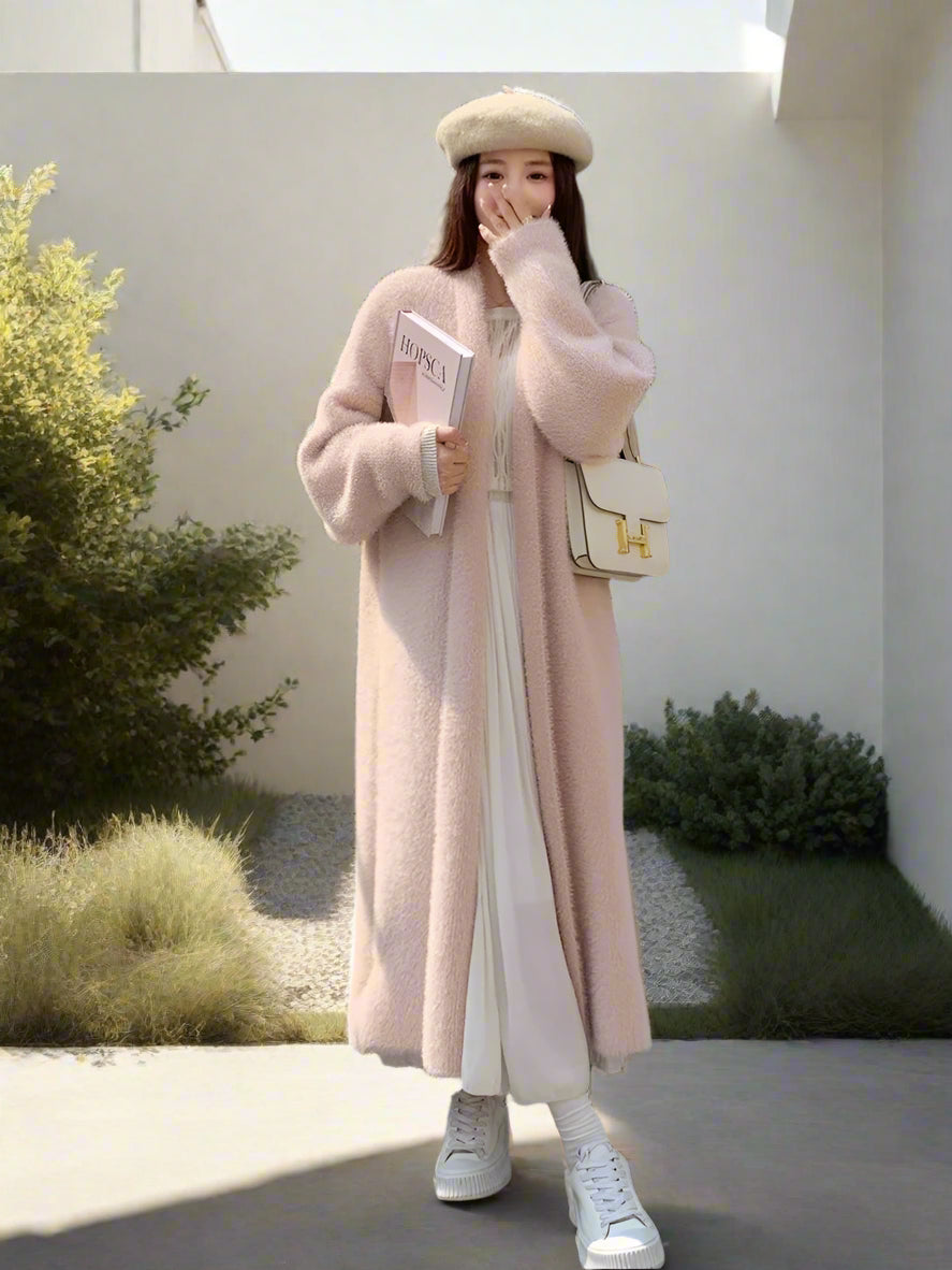 Maria's Trendy, Stylish, Vintage, Mink Fleece, Knitted, Long Sleeves, Loose, Long Cardigan