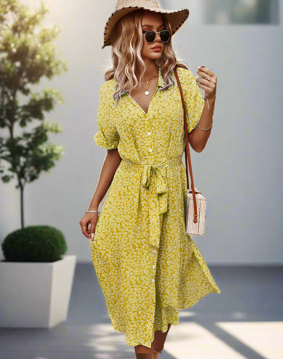 Kim's Holiday, Short Sleeves, Trendy, Stylish, Vintage, Belted, Ruffle, Midi Dress