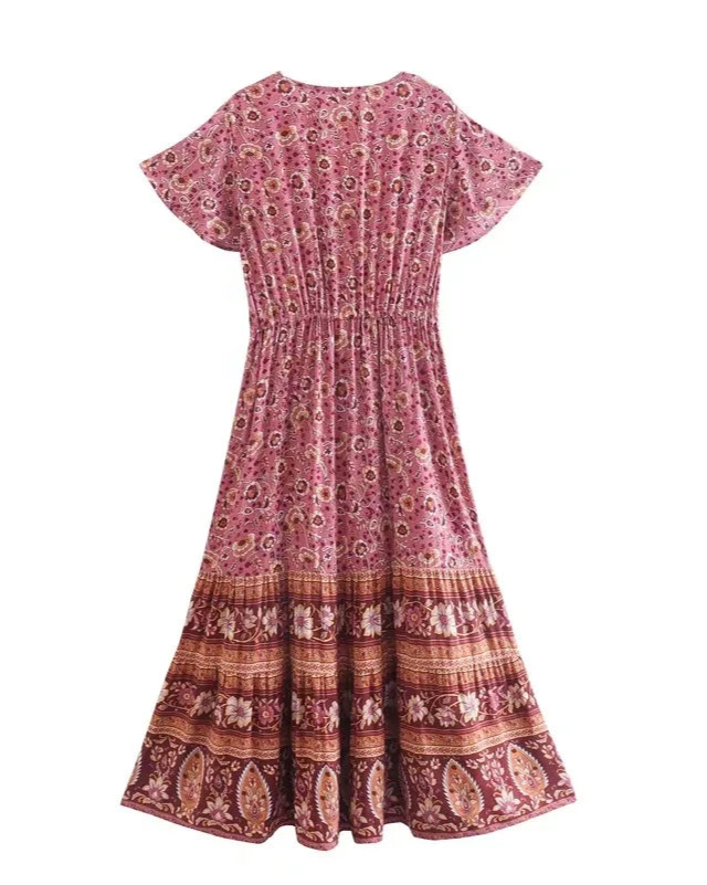 Julia's Boho, Bat Sleeves, Trendy, Stylish, Vintage,Belted, Short Sleeves, Midi Dress