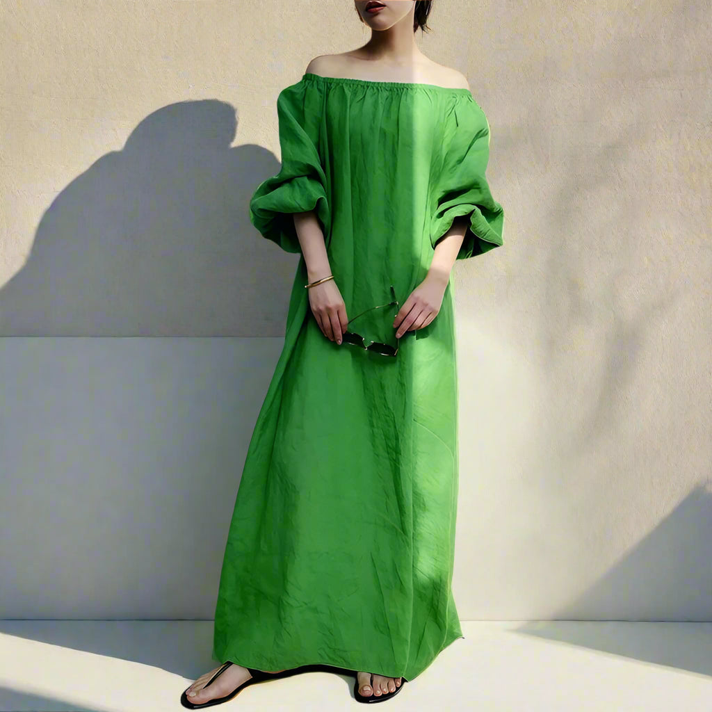 Rama's Slash Neck, Loose, Hollow Out, Off Shoulder, Stylish, Trendy, Maxi Dress