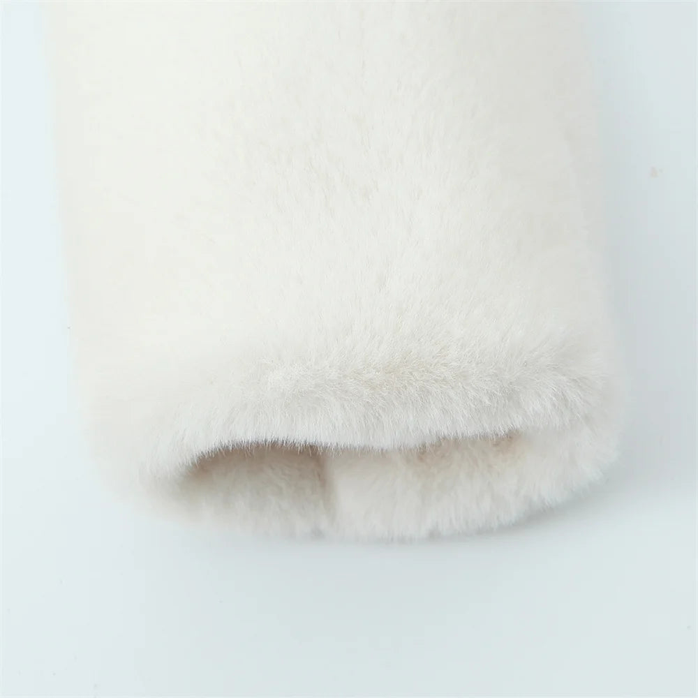 Linda's White, Faux Fur, Trendy, Stylish, Elegant, Long, Warm, Single breasted, Belted Coat