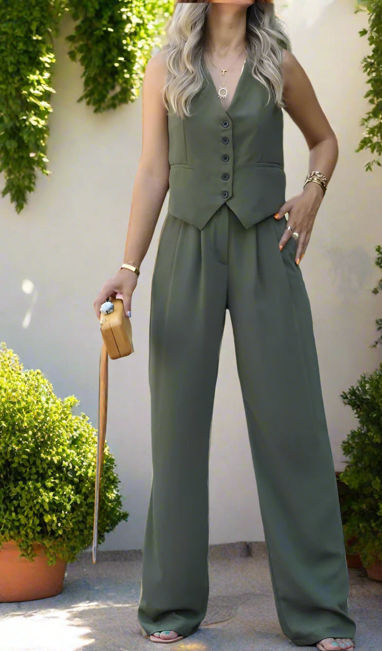 Micheal's Casual, Stylish, Trendy, Vintage, Sleeveless, Wide Legs, Buttons, V-Neck, Outfit Sets