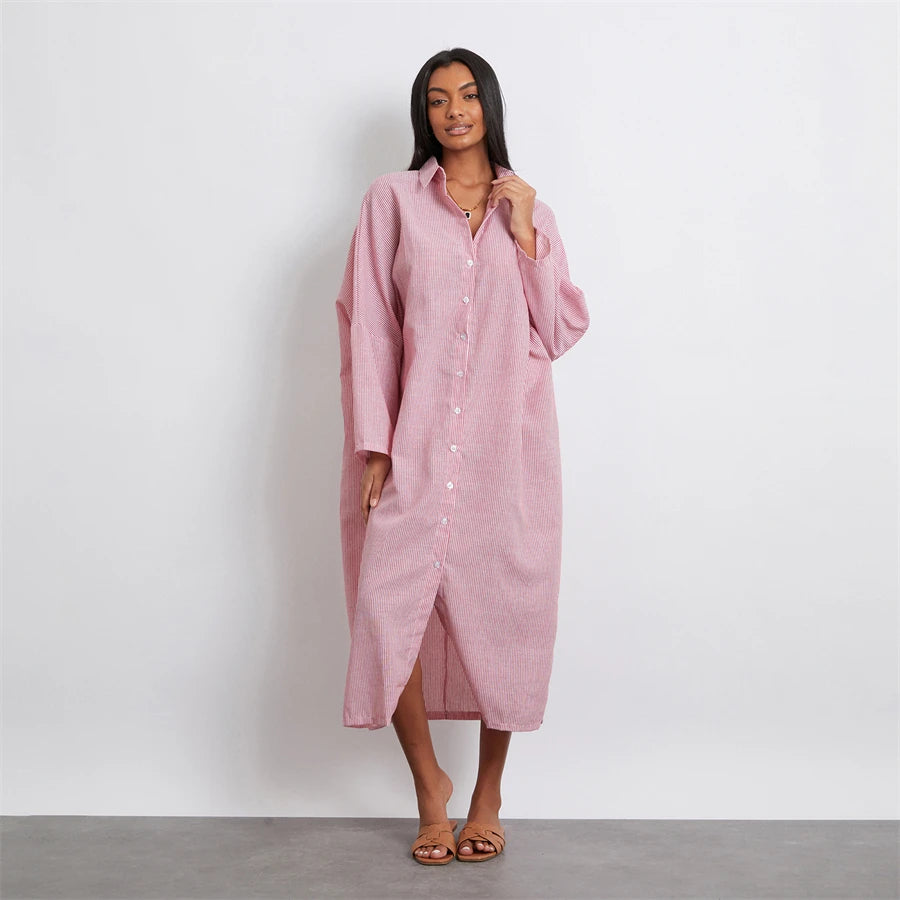 Rosa's Baggy, Loose, Striped, Trendy, Stylish, Boho, Vintage, Long Sleeves, Long Shirt Dress