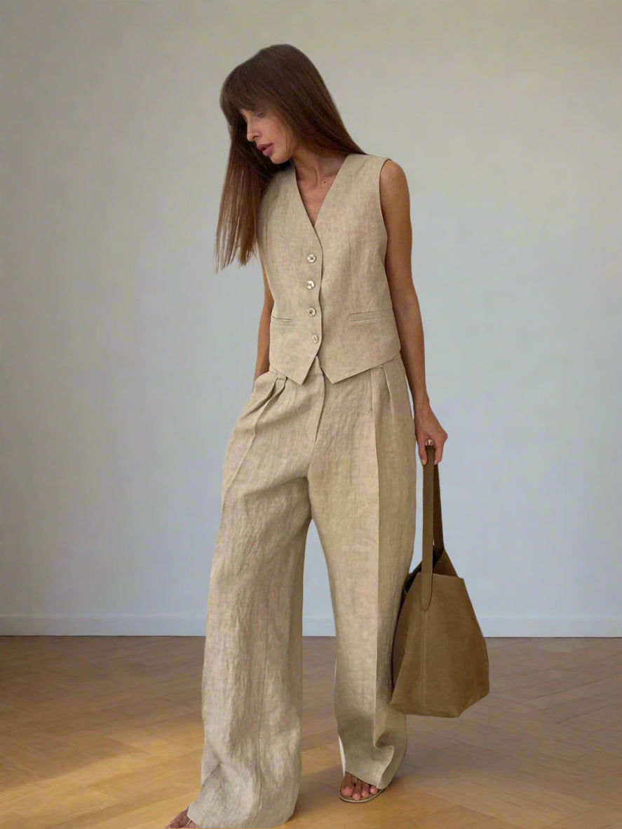 Natalie's Stylish, Elegant, Trendy, Multicolors, Waistline Vest, Wide Leg Pants, Linen Outfit Set