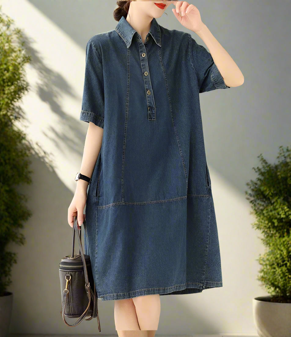 Sally's Loose, Blue, Trendy, Stylish, Vintage, Casual, Half Sleeves, On Knee, Denim Dress