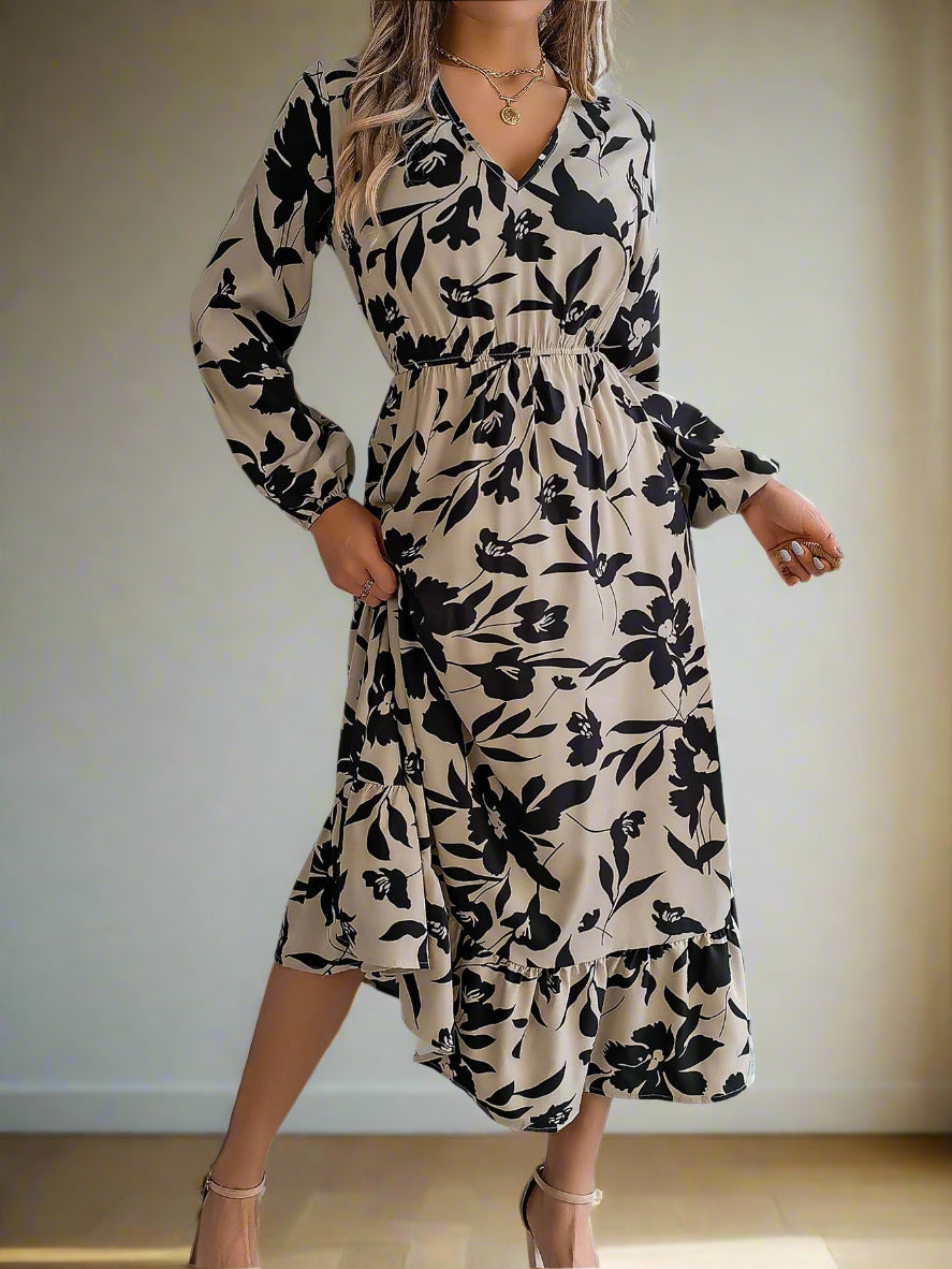 Vienna's Floral Print, Trendy, Stylish, Vintage, Elastic Waist, Long Sleeves, Pullover, Robe, Midi Long Dress