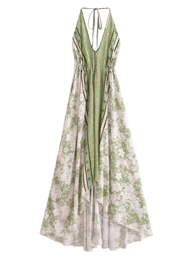 Mila's Floral, Backless, Beach, Party, Boho, Holiday, High-Low, Maxi Dress