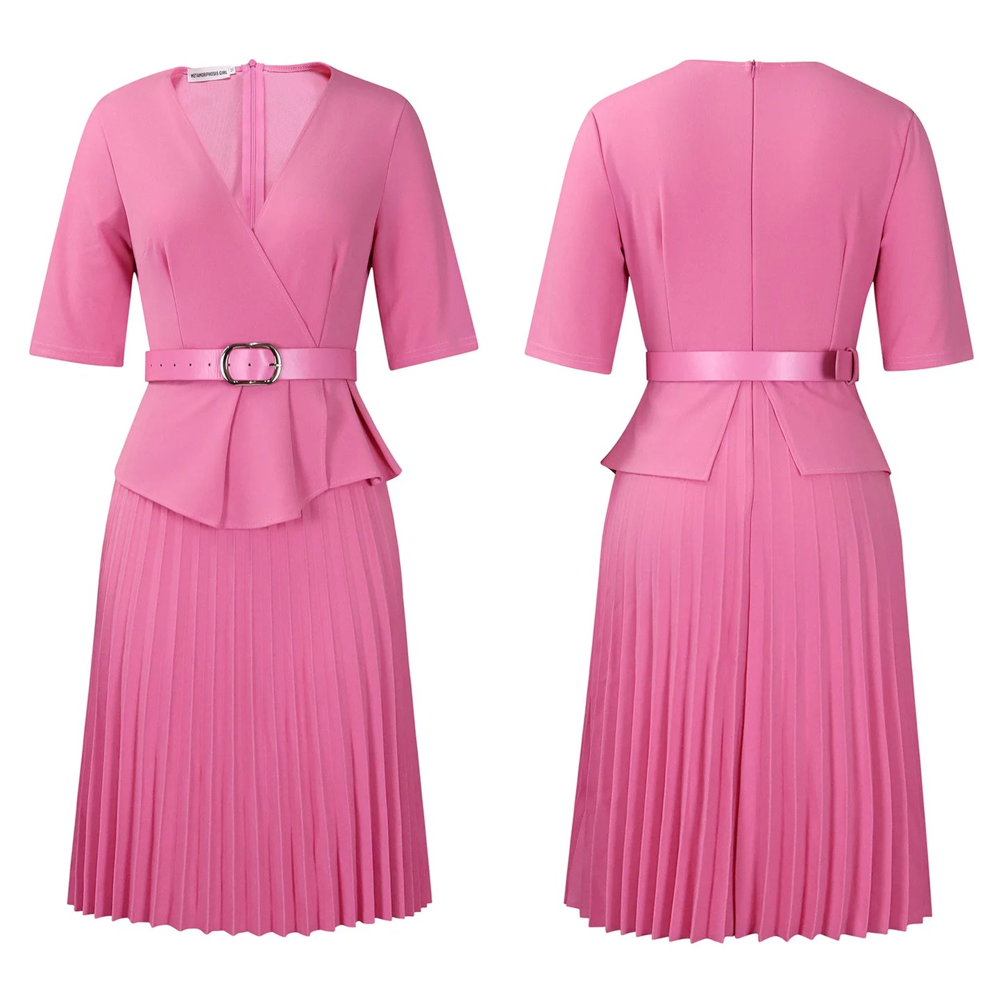 Liz's Plus size, stylish, trendy, Pleated, Temperament, V-Neck, Midi, Office Dress