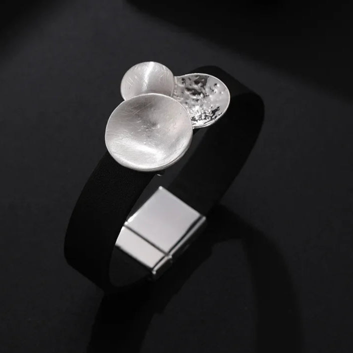 Eveline's Trendy, Stylish, Retro, Black Leather, Alloy, Magnet Lock, Bangles Bracelets