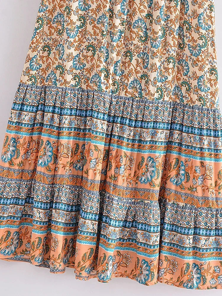 Patterned skirt with blue and orange design on a plain background