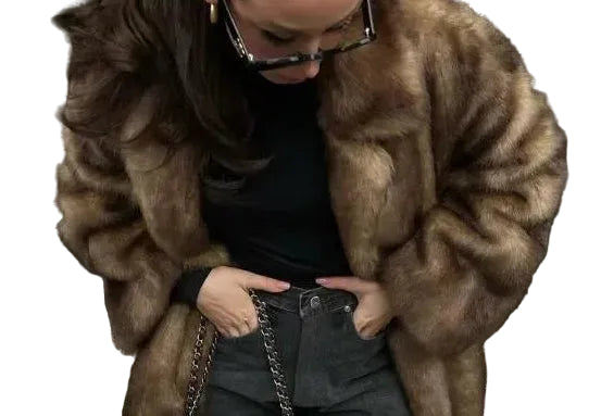 Person wearing a fur coat and holding a black handbag against a white background