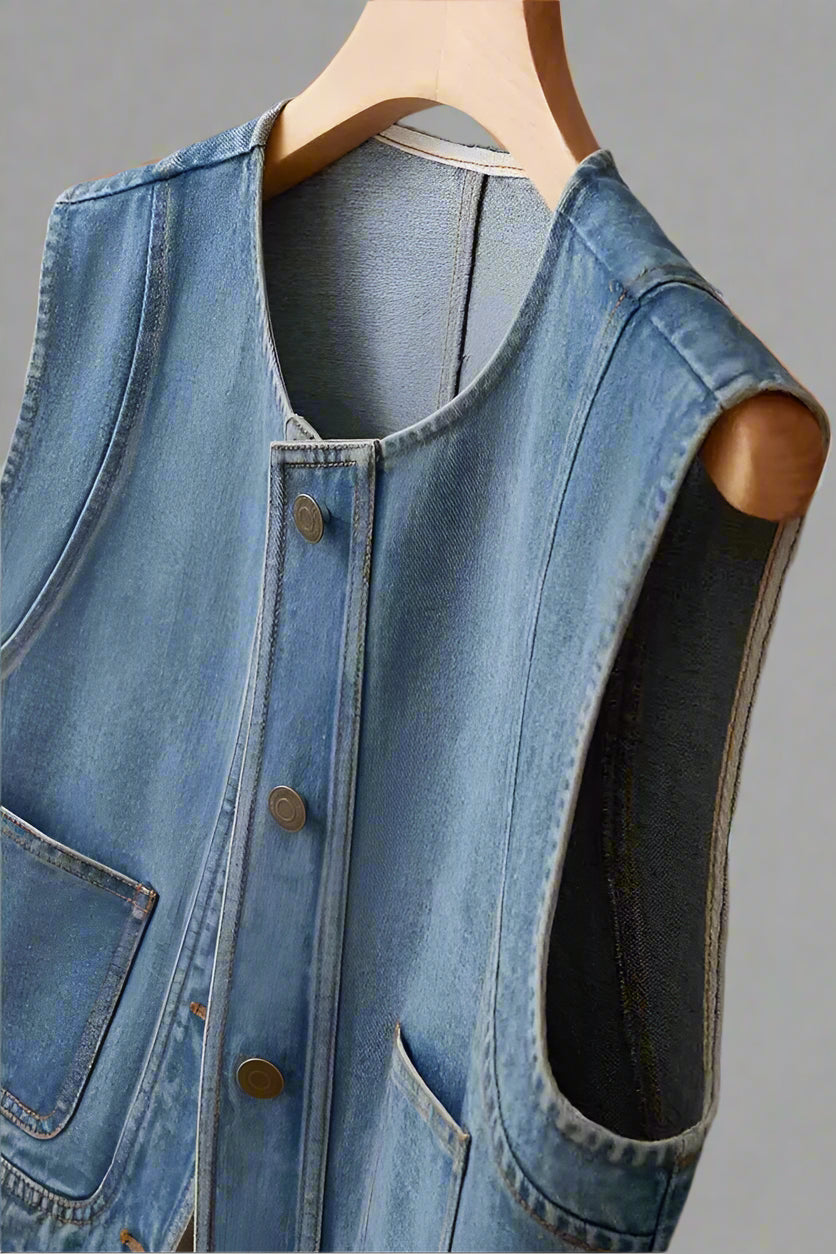 Heba's Casual, Trendy, Stylish, Waistline, Cotton, Denim, Pockets, Jeans Vest