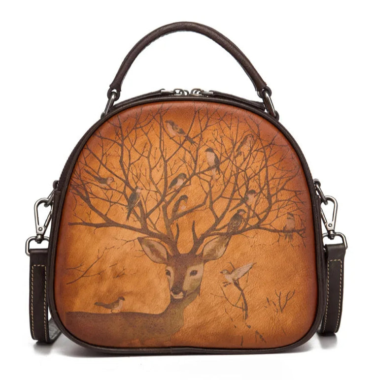 Bianca's Genuine Leather, Retro, Vintage, Stylish, Trendy, Deer Pattern, Handbag, Shoulder Bag