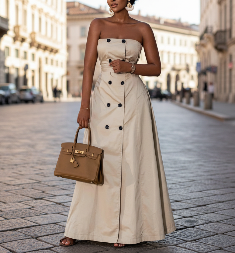 Woman wearing a long beige dress with black buttons, holding a brown handbag.