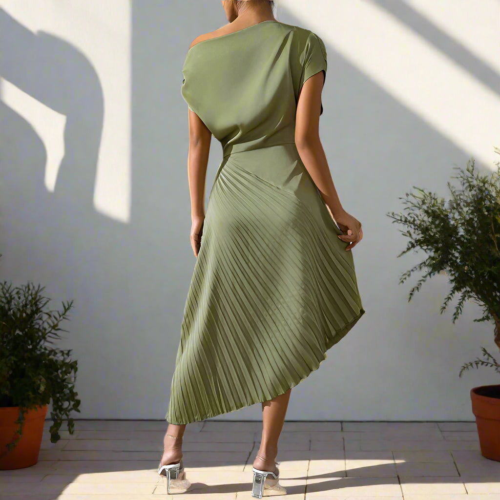 Sandra's Asymmetric, Regular Fit, Off shoulder, Trendy, Stylish, Elegant, A-line, Short Sleeves, Midi Dress