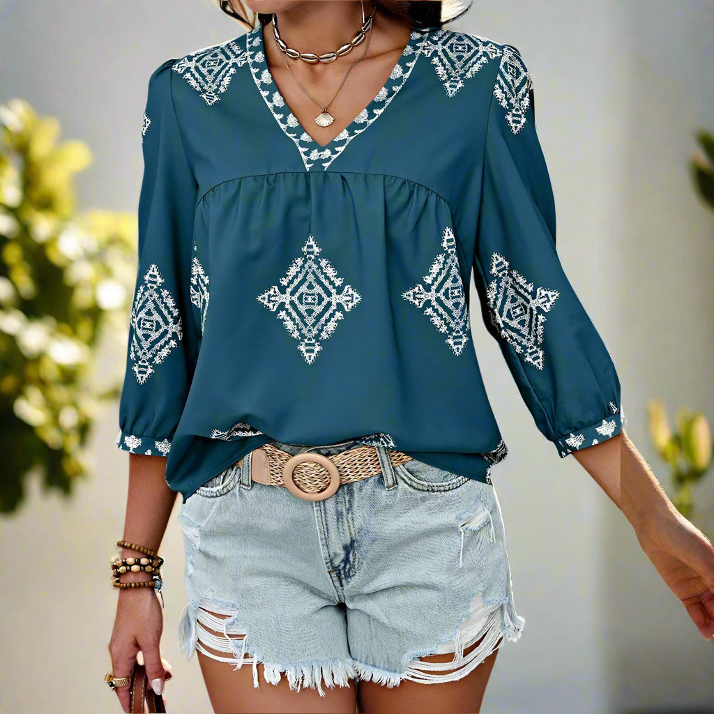 Emmy's Loose, Casual, Trendy, Stylish, Boho, Pullover, Long Sleeves, Printed Blouse