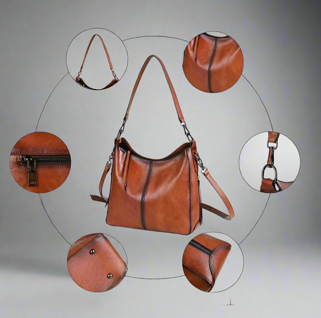 Brown handbag with close-up details on a white background