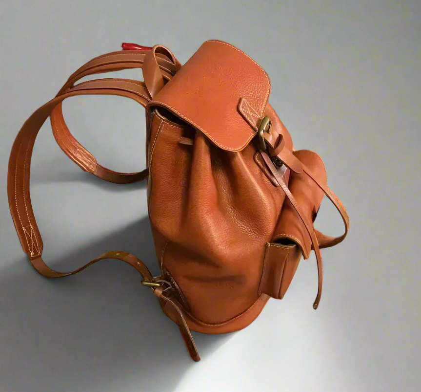 Brown leather backpack on a white background