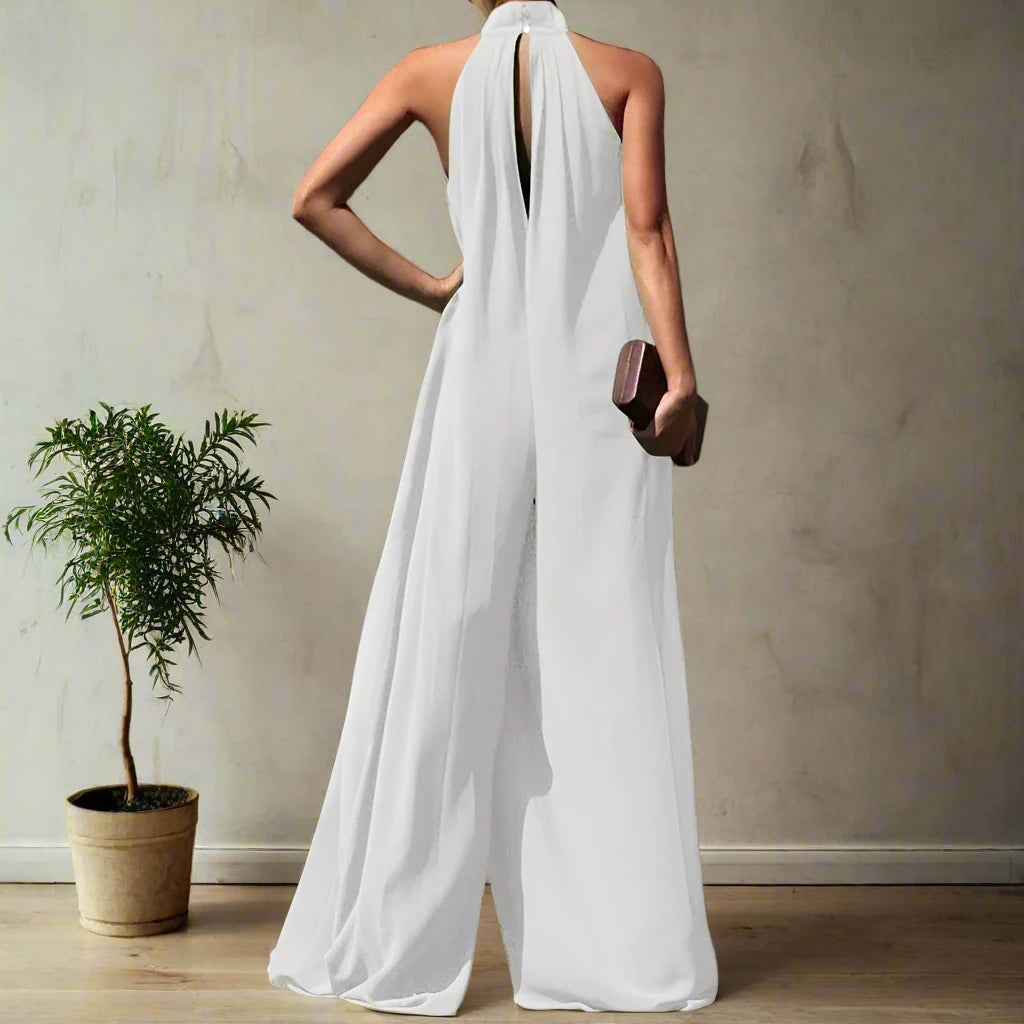 Xina's Halter Neck, Pleated, Loose, Wide Legs, Elegant, Party Jumpsuit Rompers