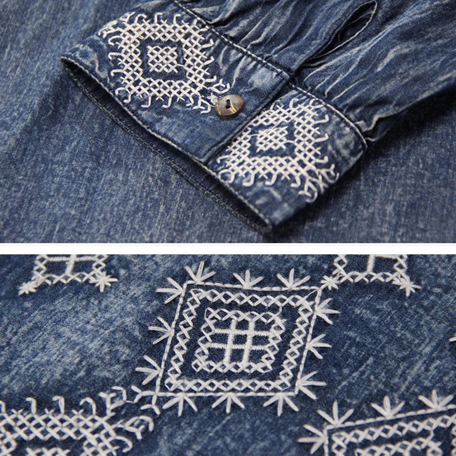 Close-up of a denim jacket with intricate white embroidery on a matching denim background.