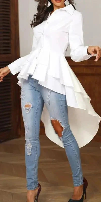 Diana's Asymmetrical Ruffle Blouse with buttons