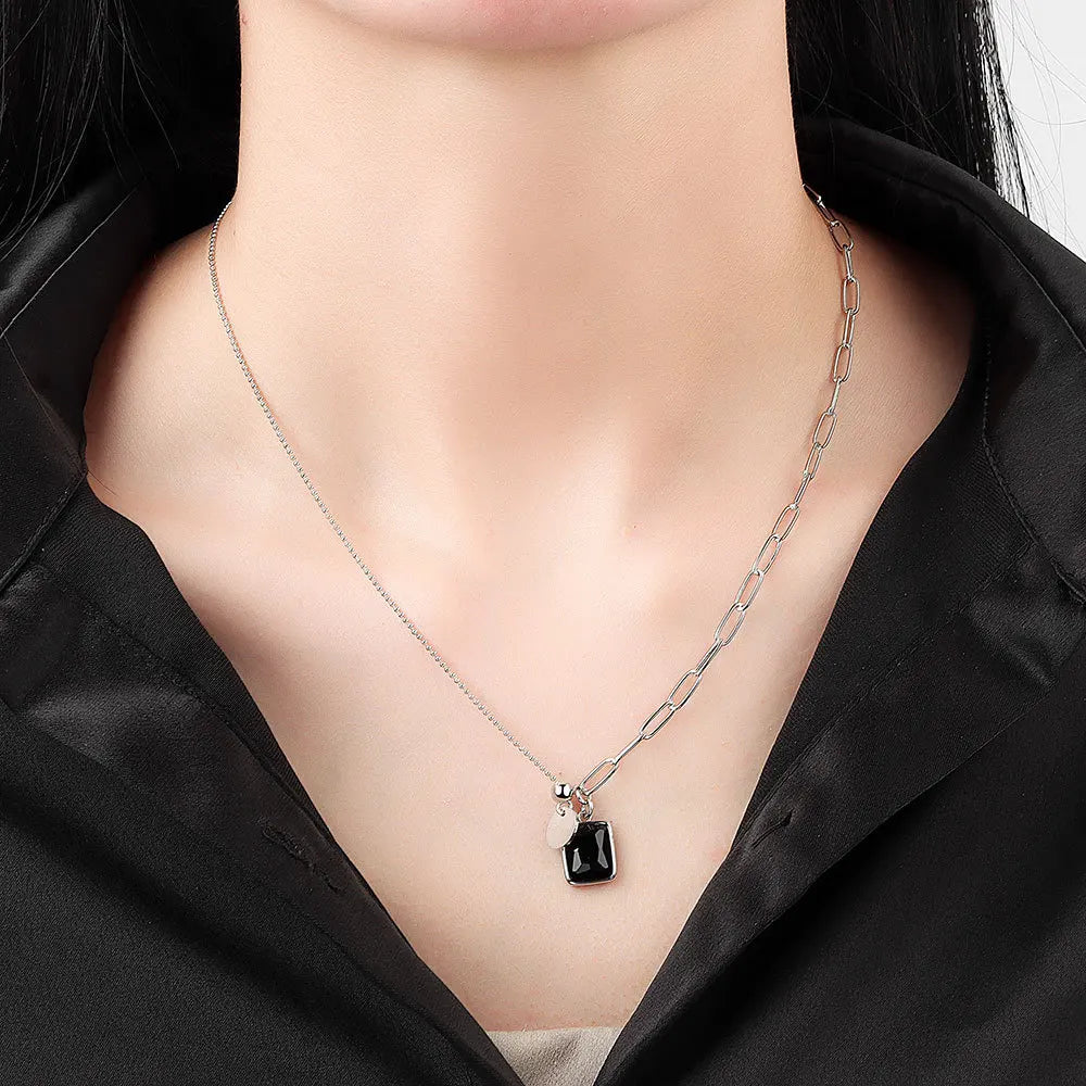 Mahy's 925 Silver, Black Stone, Tassel, Chain Chocker, Fine Necklace