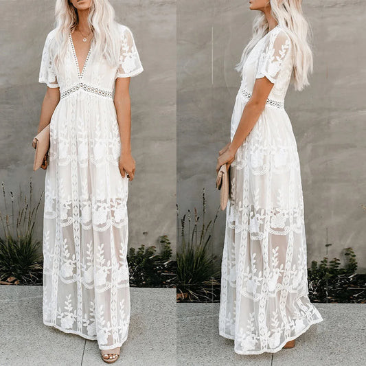 Nicole's off-white Lace casual elegant long maxi see-through dresses