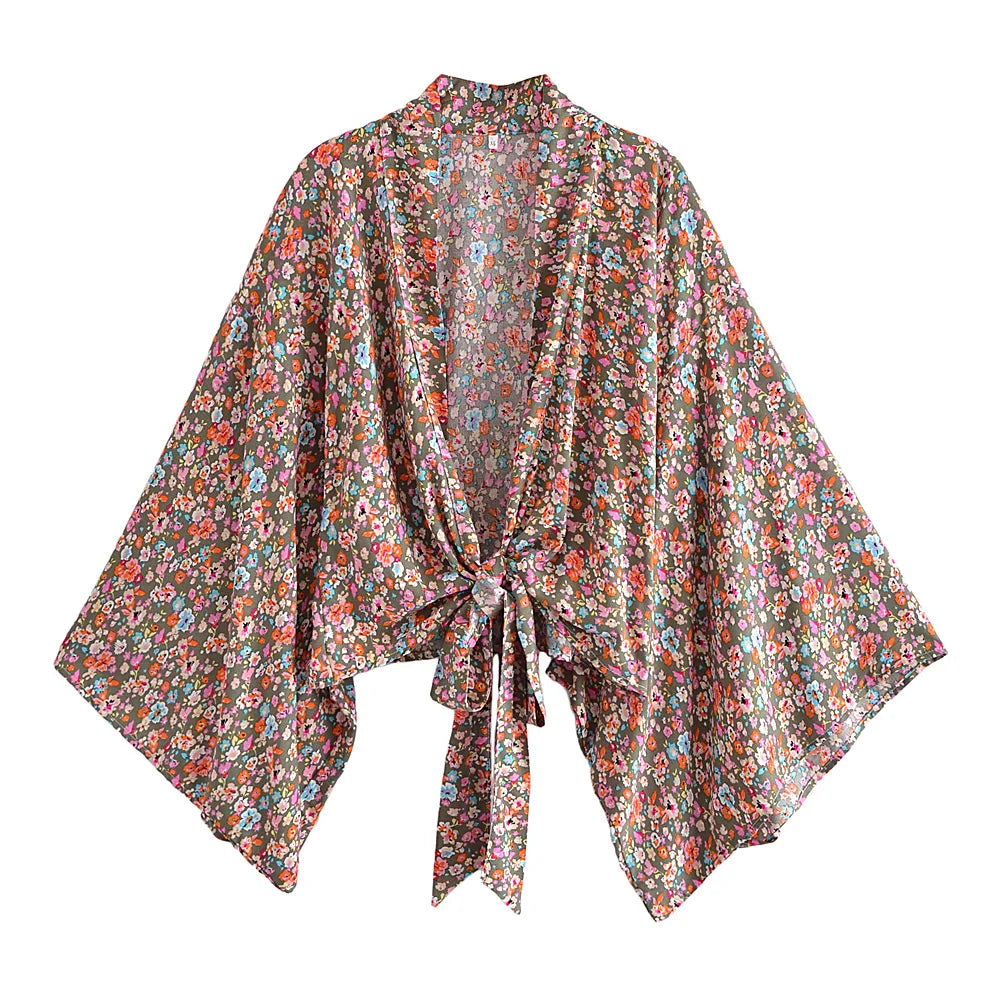 Floral patterned kimono-style garment on a white background