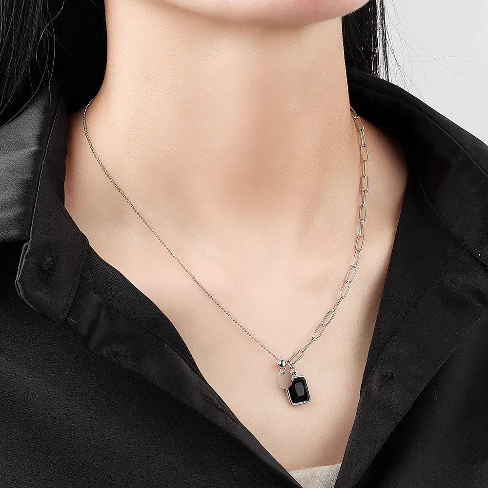 Mahy's 925 Silver, Black Stone, Tassel, Chain Chocker, Fine Necklace