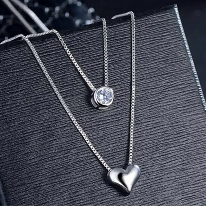 Nicole's 925 Silver, Double Layer Chain, Zircon Heart, Stylish, Trendy Necklace