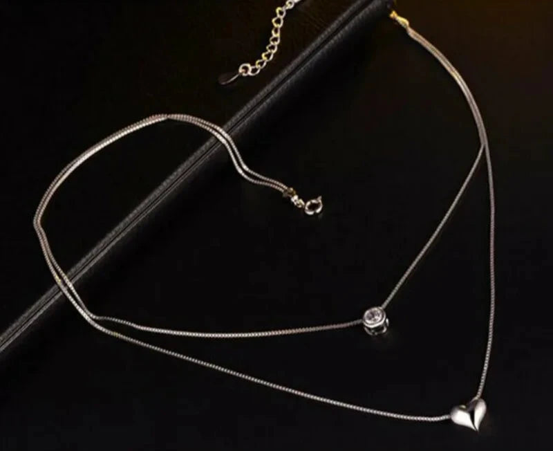 Nicole's 925 Silver, Double Layer Chain, Zircon Heart, Stylish, Trendy Necklace