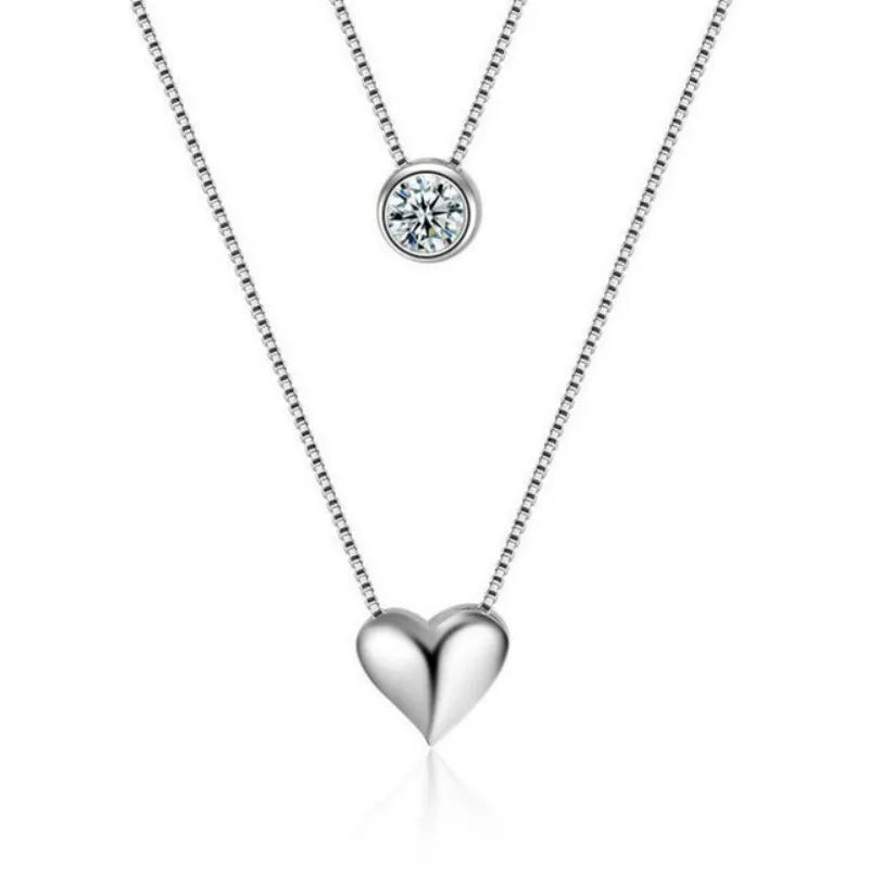 Nicole's 925 Silver, Double Layer Chain, Zircon Heart, Stylish, Trendy Necklace