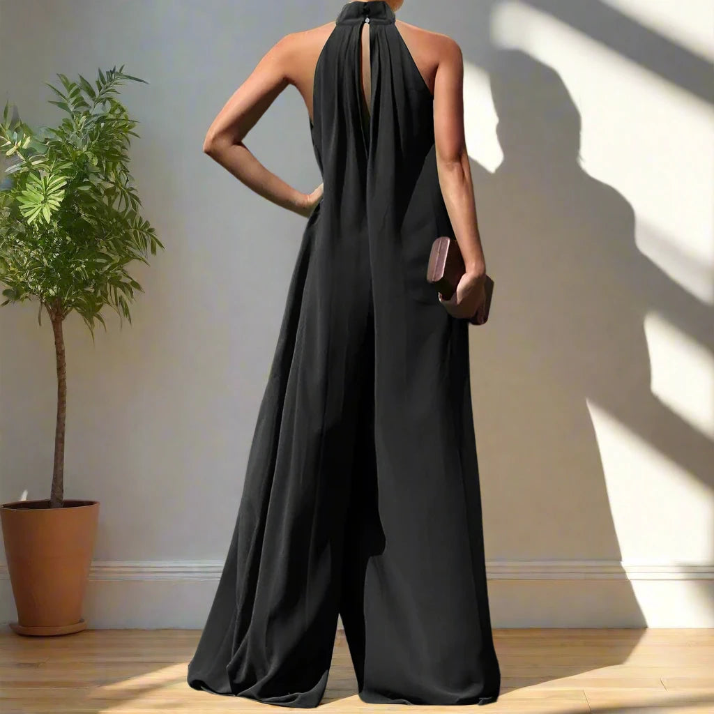 Xina's Halter Neck, Pleated, Loose, Wide Legs, Elegant, Party Jumpsuit Rompers