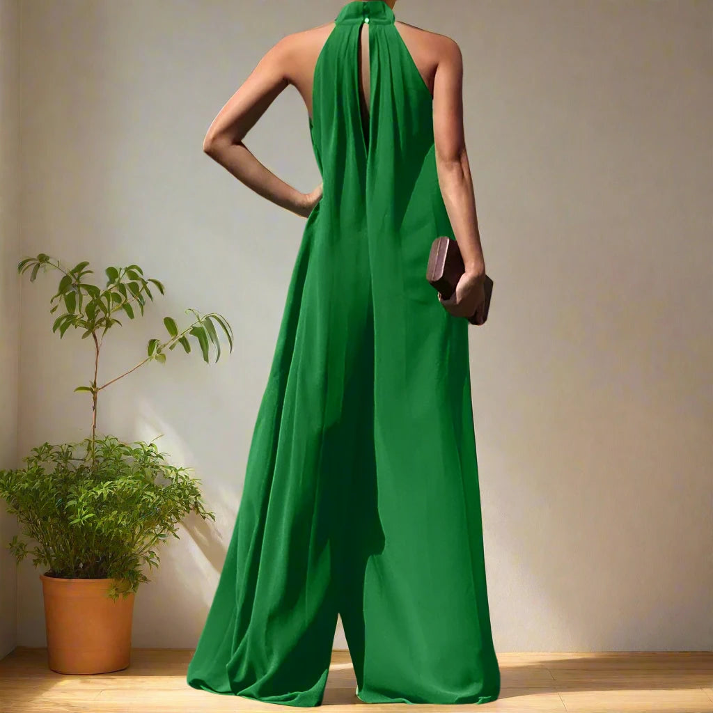 Xina's Halter Neck, Pleated, Loose, Wide Legs, Elegant, Party Jumpsuit Rompers