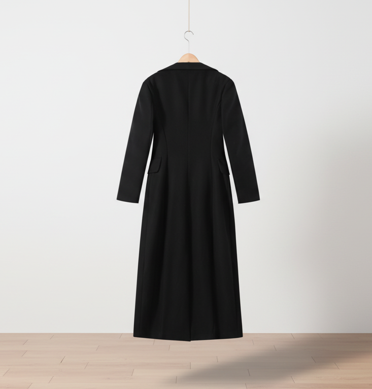 Black coat on a hanger against a white wall