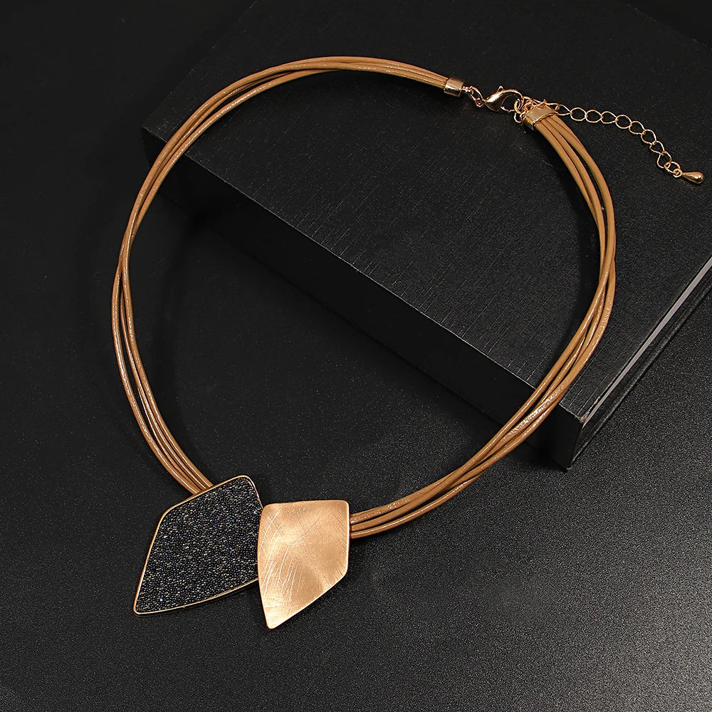 Rein's Irregular geometric design Necklace- Boho Leather chain (Silver, Gold)