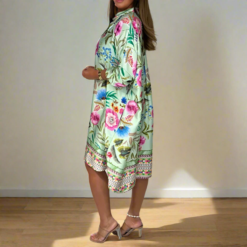 Halle's Loos, Printed, Floral, V-Neck, Midi, A-Line, Stylish, Trendy, Knee Dress