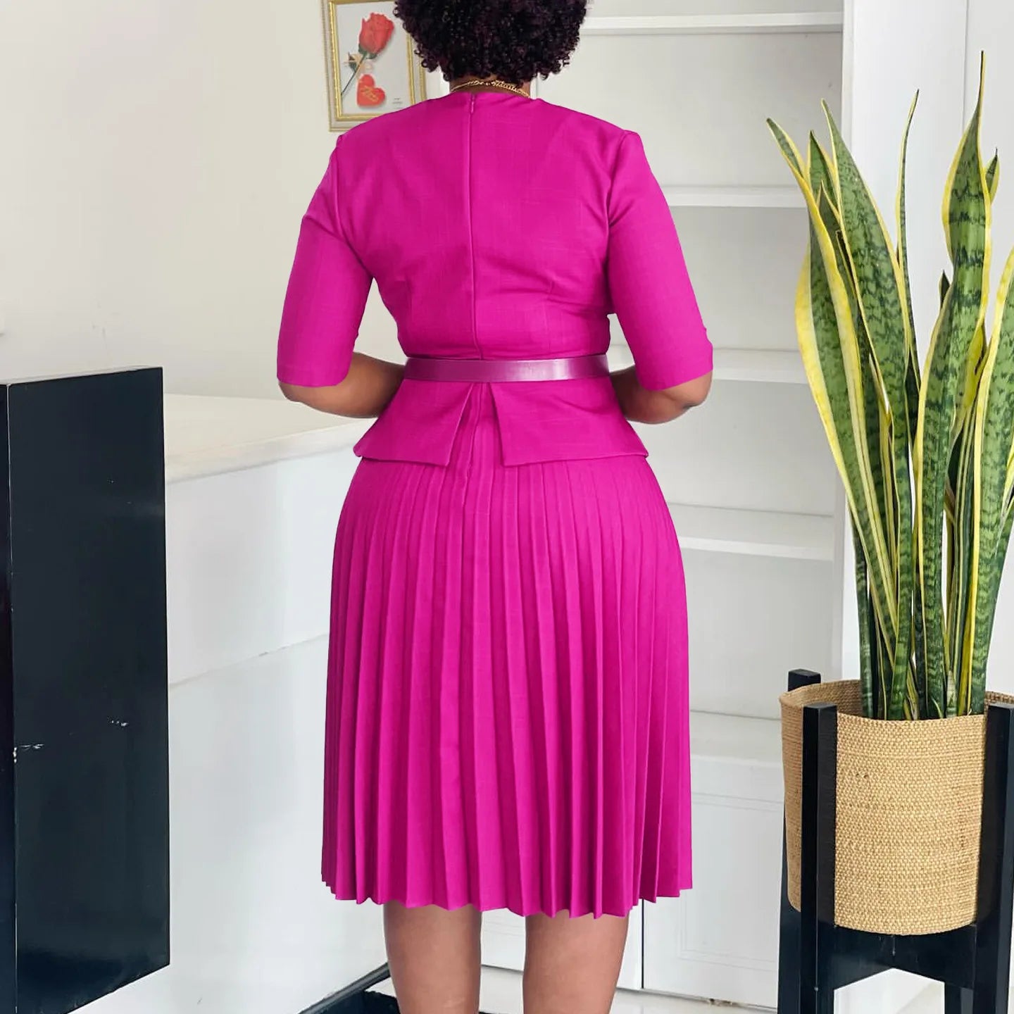 Liz's Plus size, stylish, trendy, Pleated, Temperament, V-Neck, Midi, Office Dress