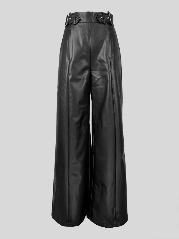 Yara's High Waist, Loose Wide Legs, Faux Leather Long Pant with Pockets