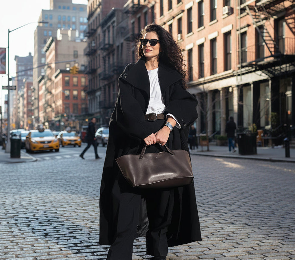 Woman in a black coat holding a brown leather bag in new york streets