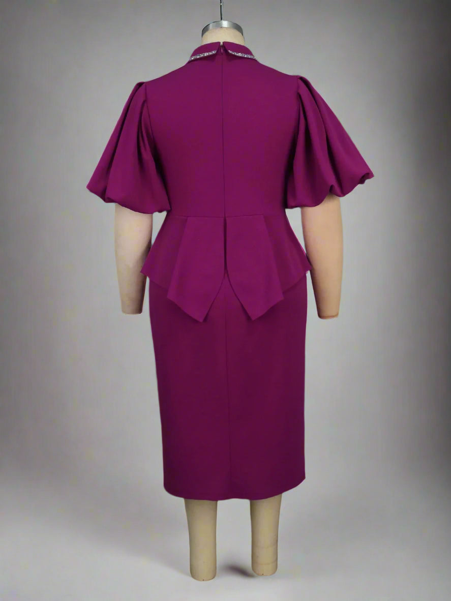 Dalia's Purple, Trendy, Stylish, Sheath, Ruffles, Puffy Sleeves, OfficeStyle, Midi Dress