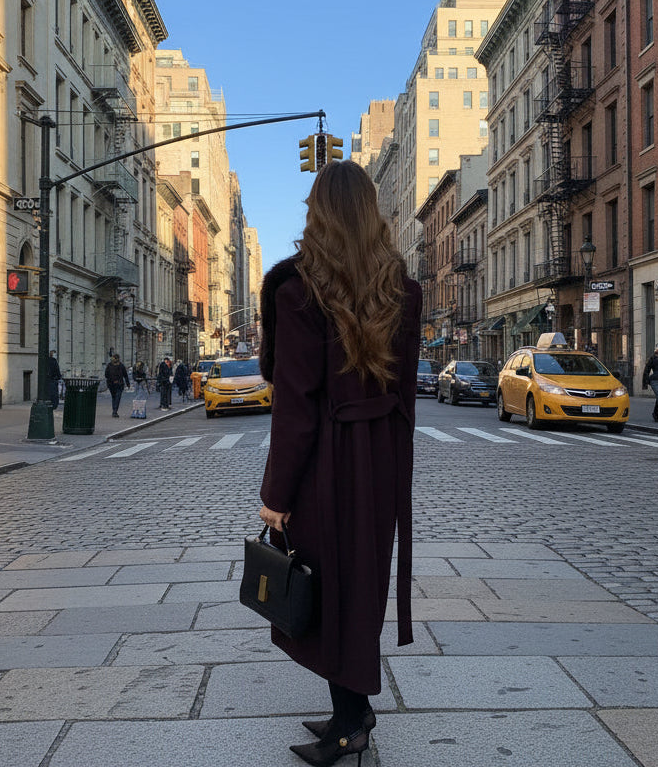 Woman in a long coat standing on a city street with buildings 