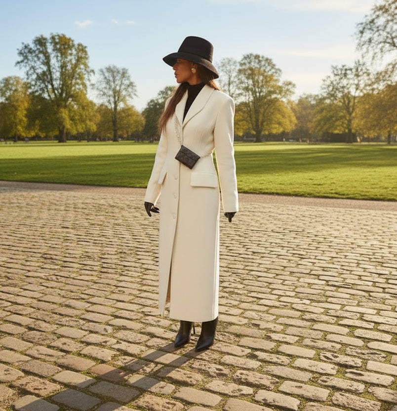 Woman in a white coat and black hat standing in front of open park