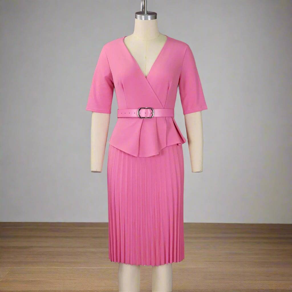 Liz's Plus size, stylish, trendy, Pleated, Temperament, V-Neck, Midi, Office Dress