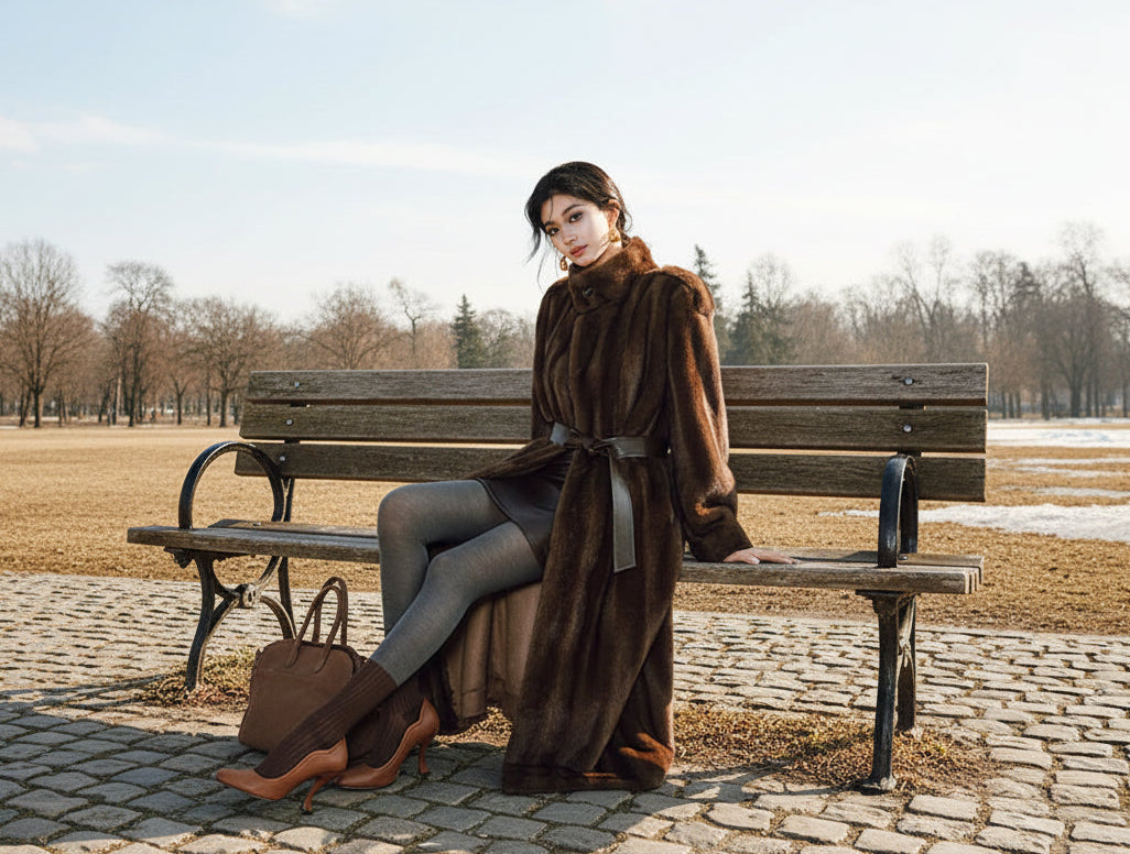 Woman wearing a fur coat sitting on a  wooden bench in a sunny park