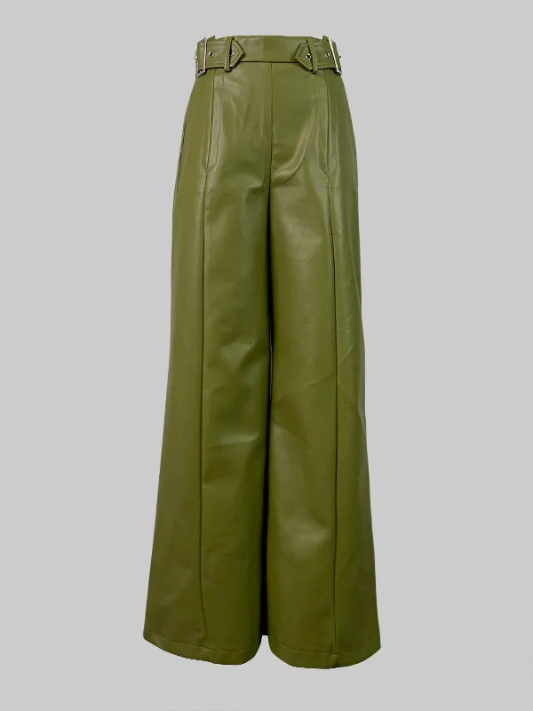 Yara's High Waist, Loose Wide Legs, Faux Leather Long Pant with Pockets