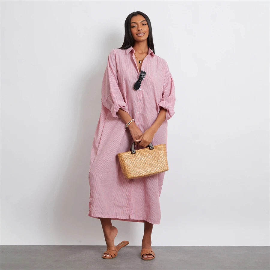 Rosa's Baggy, Loose, Striped, Trendy, Stylish, Boho, Vintage, Long Sleeves, Long Shirt Dress