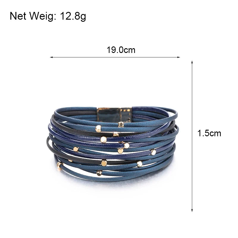 Tanya's Triple Color Leather Bohemian Metal Beads Multilayer Thin Strip Wrap Bracelets