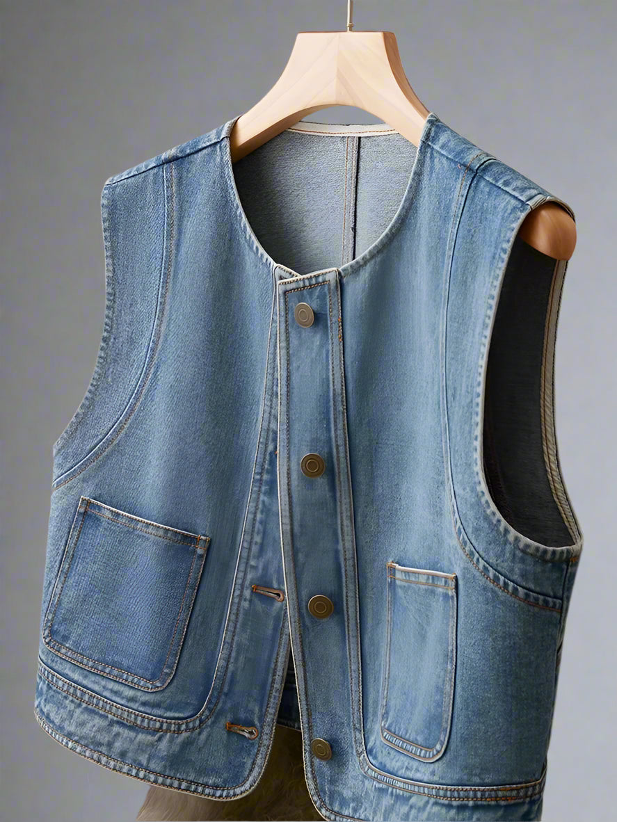 Heba's Casual, Trendy, Stylish, Waistline, Cotton, Denim, Pockets, Jeans Vest