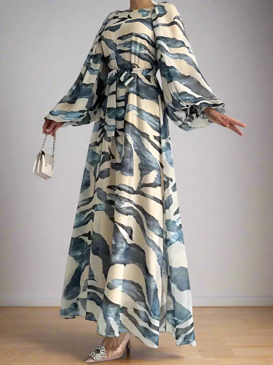 Yassmine's Chiffon, Printed, Pattern, Trendy, Vintage, Elegant, Loose, Stylish, Lantern Sleeves, Maxi Dress